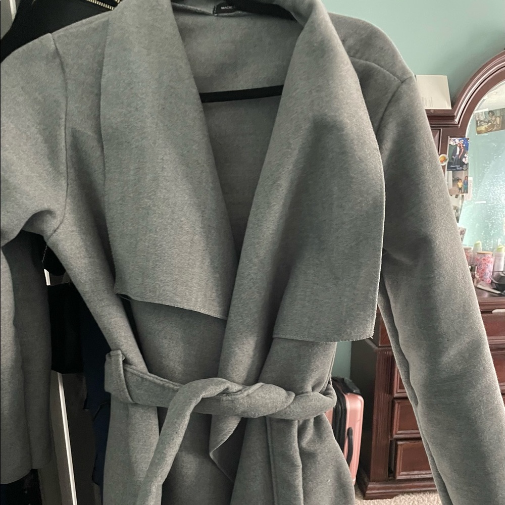 Gray coat with belt, belted waterfall coat